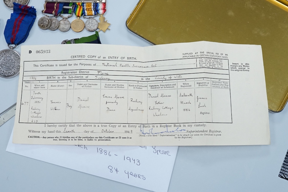 A First World War medal group of six medals awarded to Staff Sjt. Francis William Speare Royal Irish Fusiliers/I.M.L., comprising of the 1914-15 Star, 1914-1918 Medal, Victory Medal with oak leaf, India medal with clasp